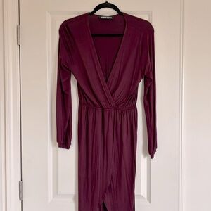 Maroon V-neck Midi Dress